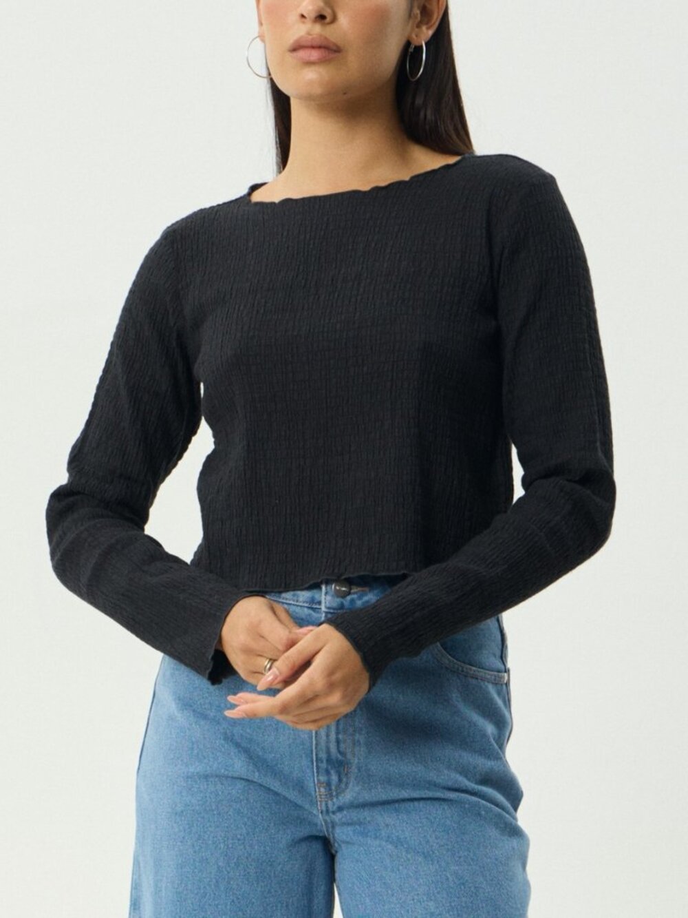 Afends Focus Seersucker Long Sleeve Top - Black - Size Small